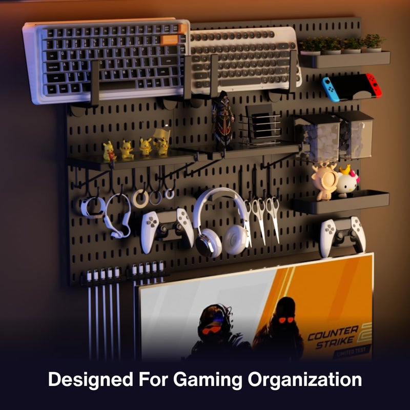 KEEPO Pegboard Combination Kit, Pegboards and Accessories Modular Hanging for Gaming Setup, Gaming Station Peg Board, Gaming Organizer, Wall Game Controller Holder, Headset Stand (Black, 33″×22″) - Image 2
